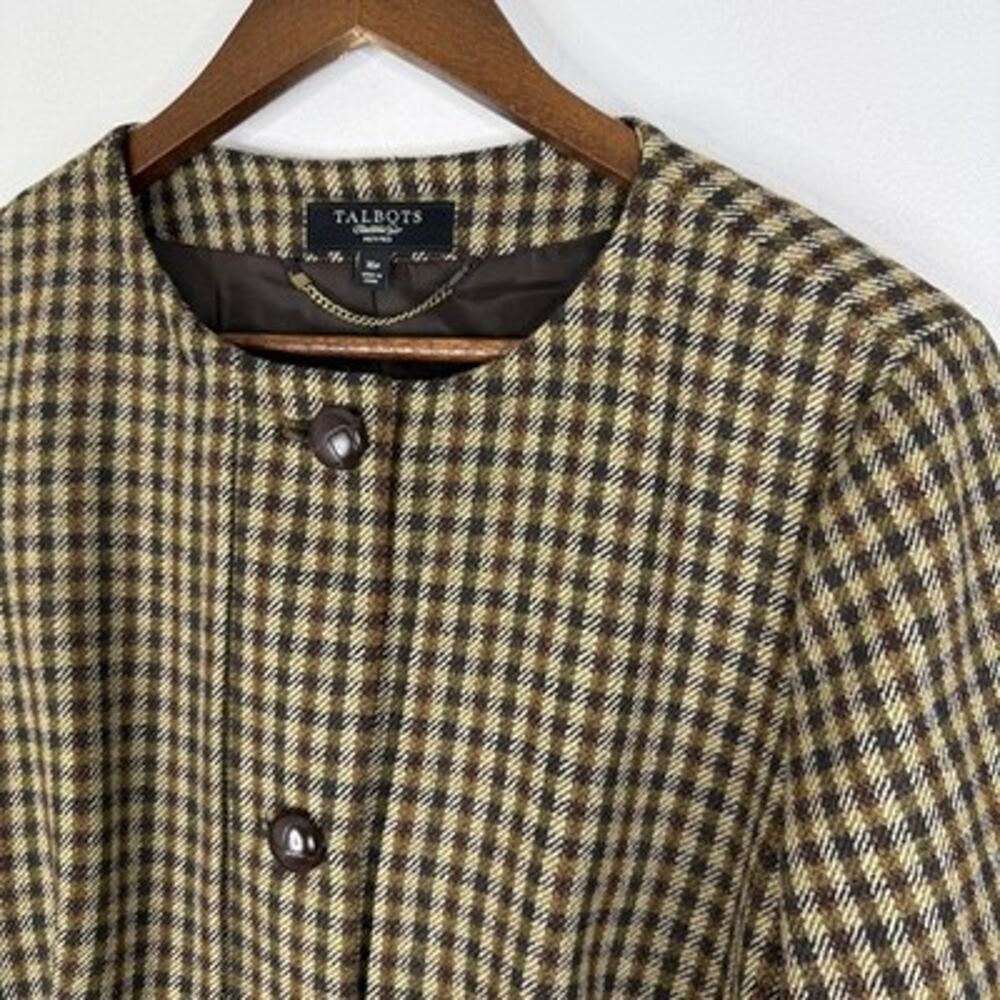 Talbots Brown Wool Check Jacket Peplum 16P Tweed Collarless Lined Petites